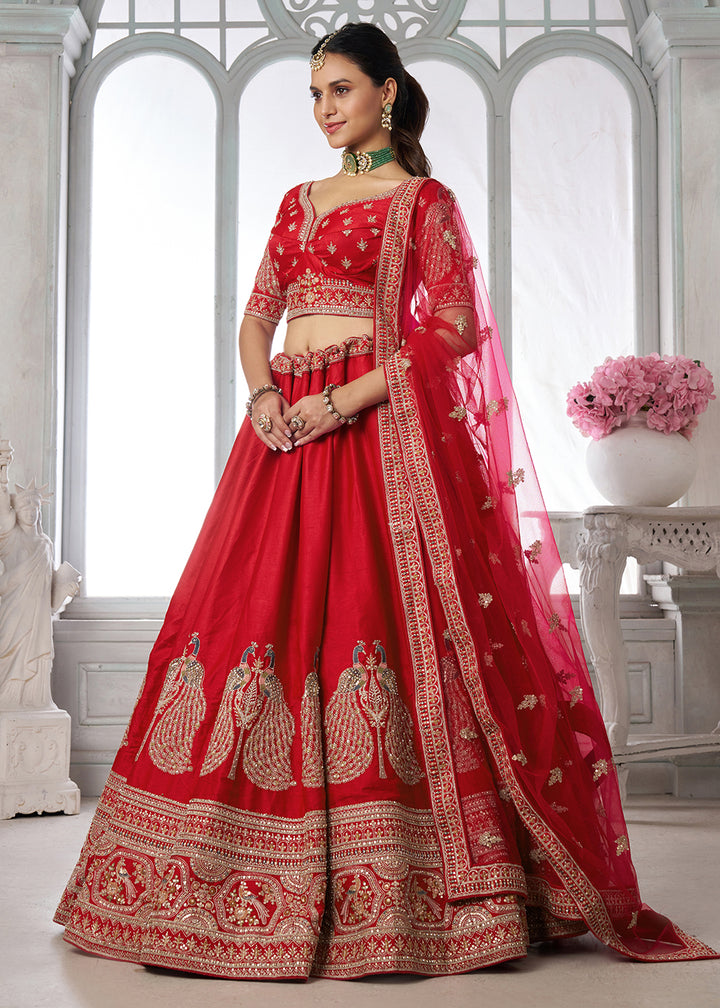 Buy Now Designer Red Silk Lehenga Choli with Embroidered Peacock Motifs Online in US, UK, Canada, France, Italy, Greece, Sweden, UAE &amp; Worldwide at Empress.