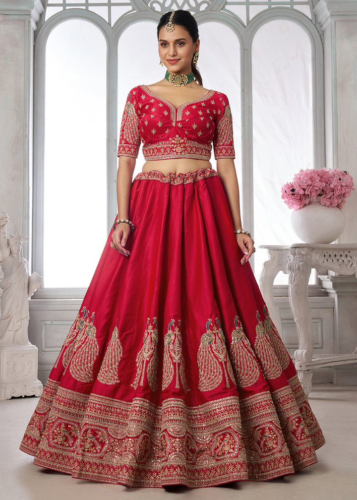 Buy Now Designer Red Silk Lehenga Choli with Embroidered Peacock Motifs Online in US, UK, Canada, France, Italy, Greece, Sweden, UAE &amp; Worldwide at Empress.