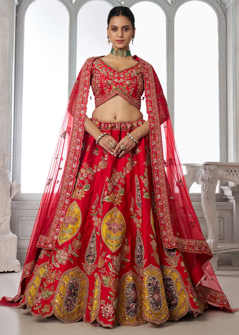 Buy Now Handcrafted Red Multicolor Silk Embroidered Bridal Lehenga Choli Online in US, UK, Canada, France, Italy, Greece, Sweden, Denmark & Worldwide at Empress.