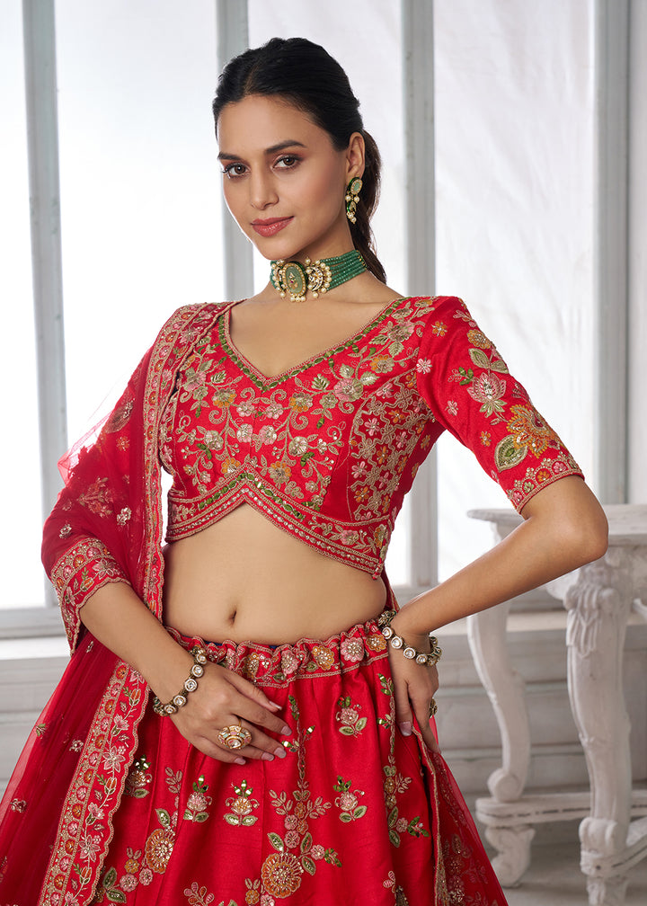 Buy Now Handcrafted Red Multicolor Silk Embroidered Bridal Lehenga Choli Online in US, UK, Canada, France, Italy, Greece, Sweden, Denmark &amp; Worldwide at Empress.