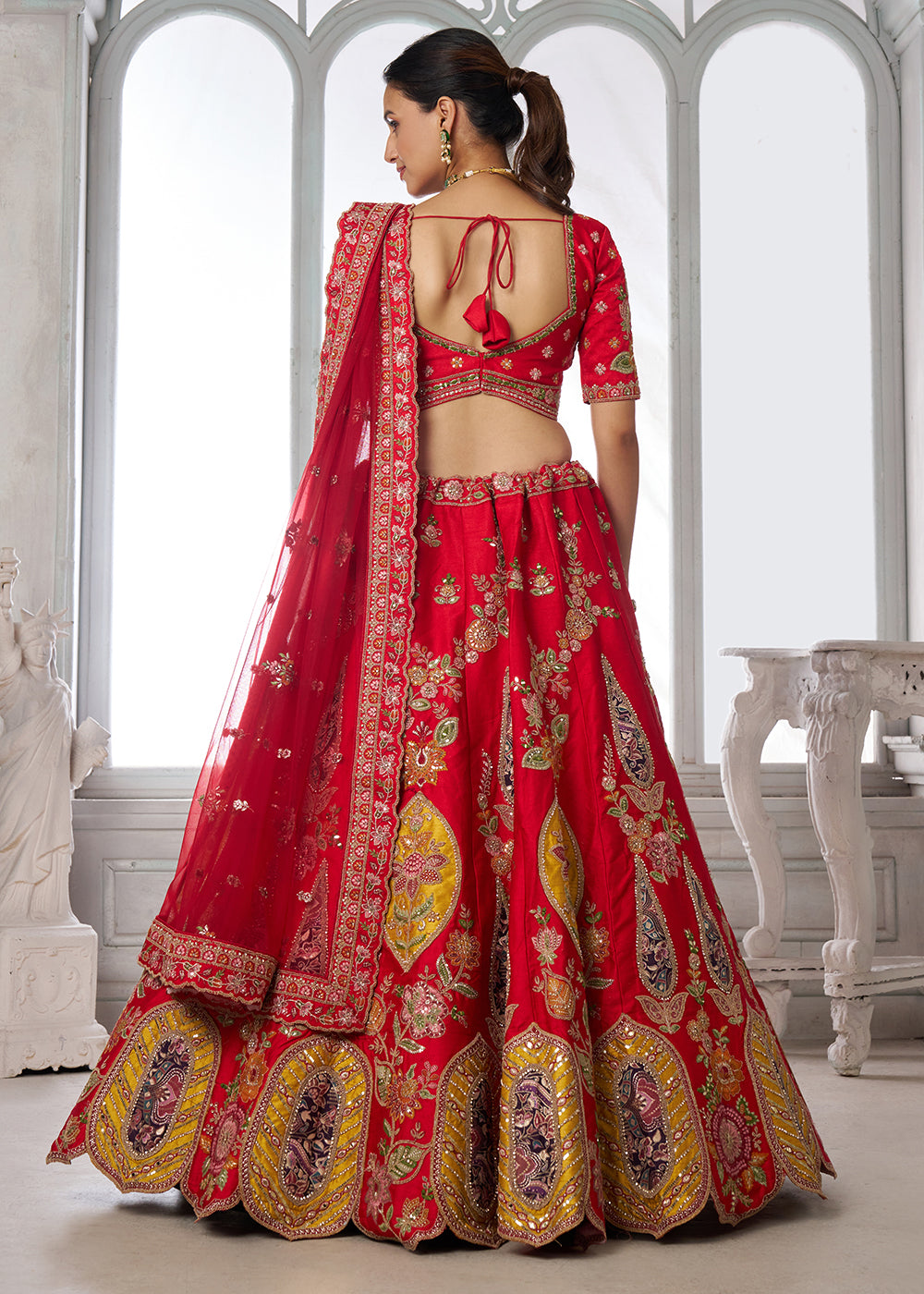 Buy Now Handcrafted Red Multicolor Silk Embroidered Bridal Lehenga Choli Online in US, UK, Canada, France, Italy, Greece, Sweden, Denmark &amp; Worldwide at Empress.