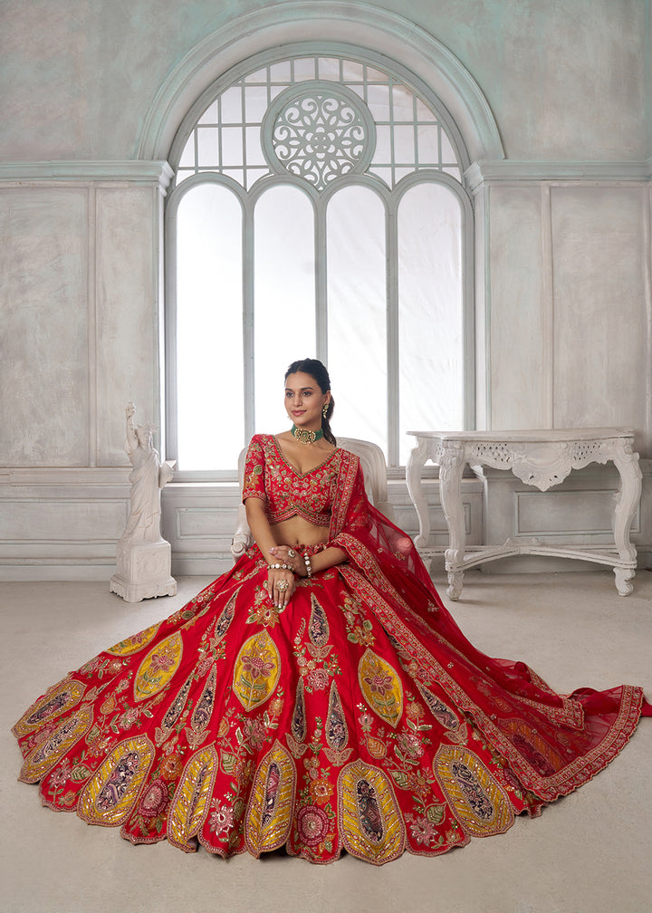 Buy Now Handcrafted Red Multicolor Silk Embroidered Bridal Lehenga Choli Online in US, UK, Canada, France, Italy, Greece, Sweden, Denmark &amp; Worldwide at Empress.