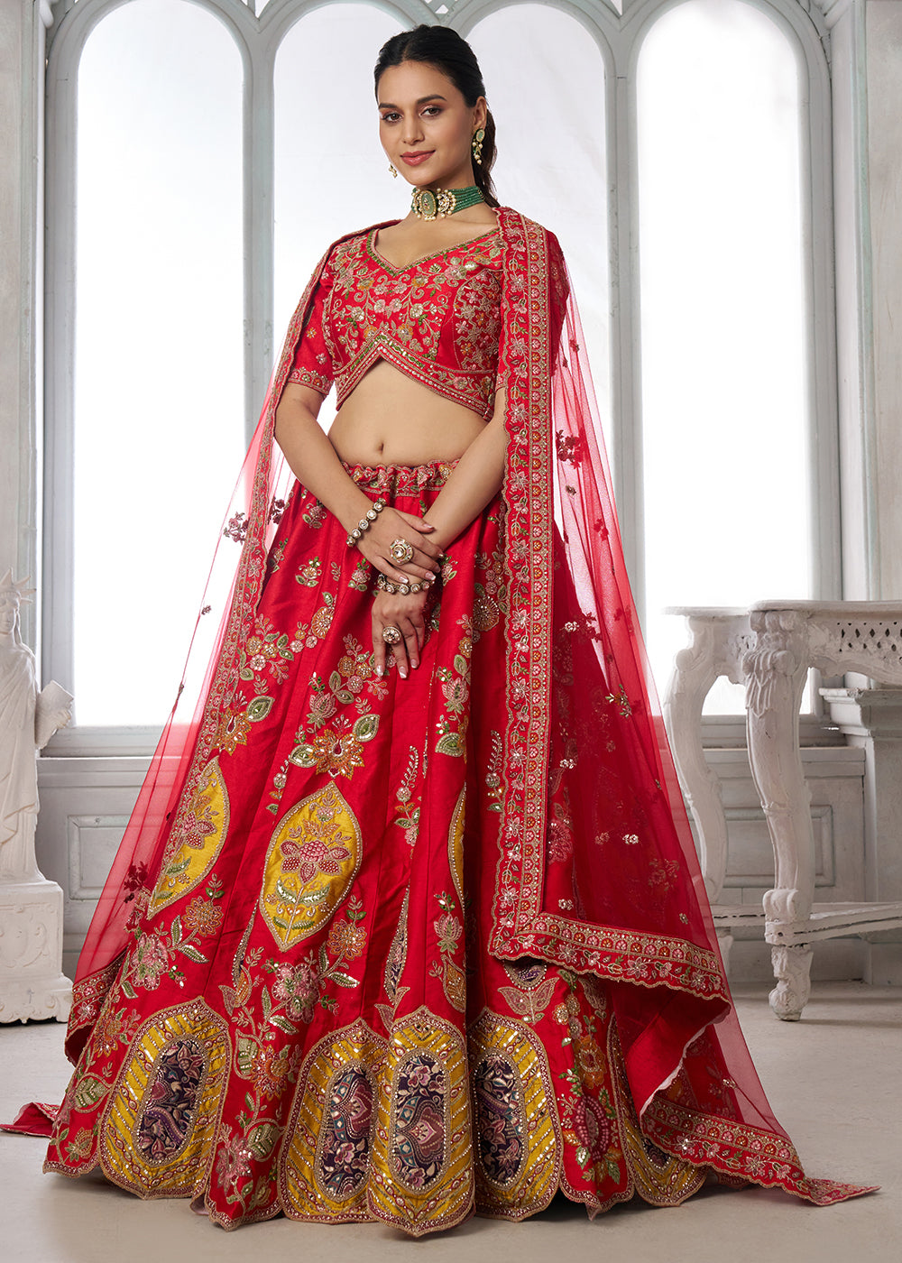 Buy Now Handcrafted Red Multicolor Silk Embroidered Bridal Lehenga Choli Online in US, UK, Canada, France, Italy, Greece, Sweden, Denmark &amp; Worldwide at Empress.