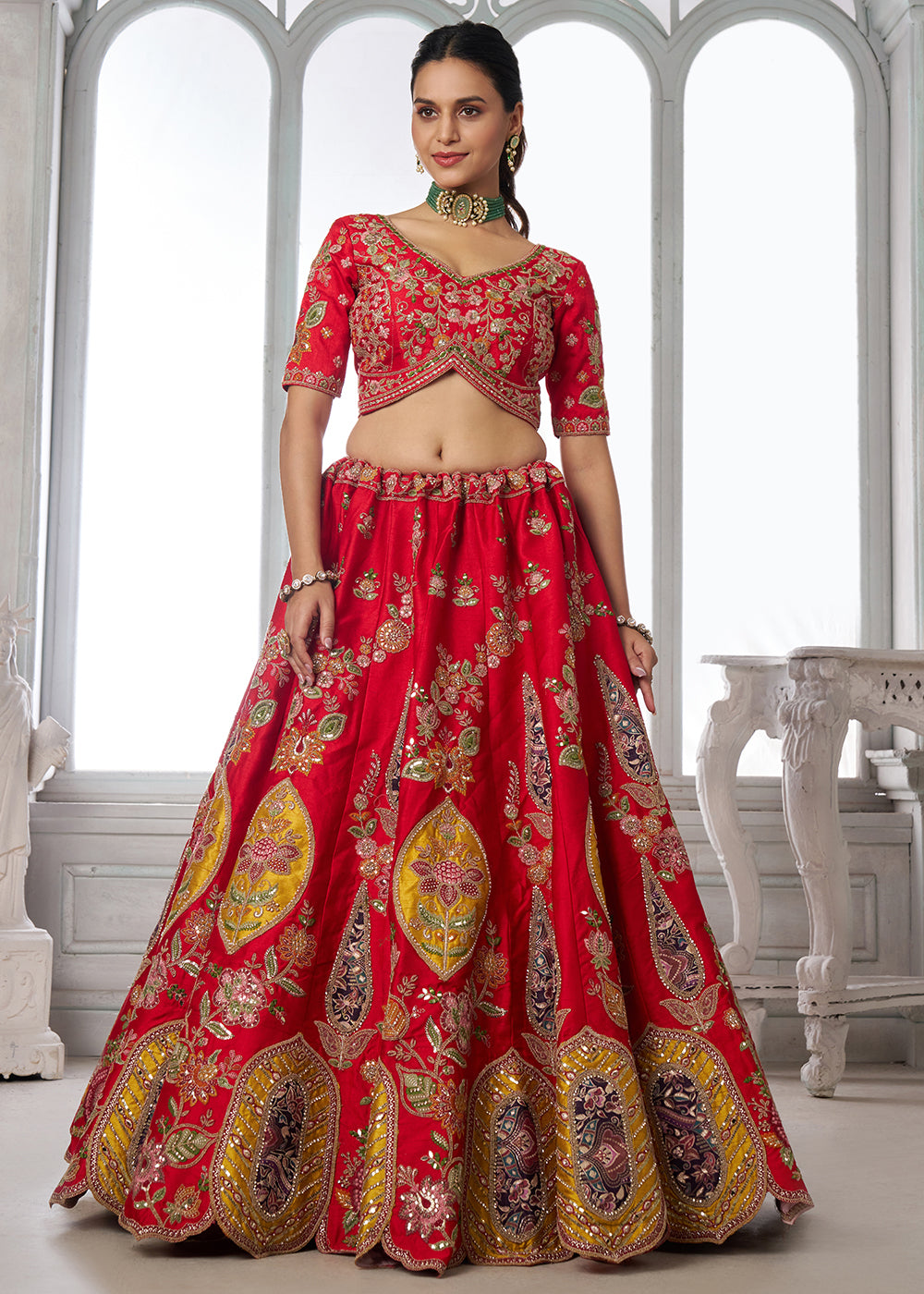 Buy Now Handcrafted Red Multicolor Silk Embroidered Bridal Lehenga Choli Online in US, UK, Canada, France, Italy, Greece, Sweden, Denmark &amp; Worldwide at Empress.