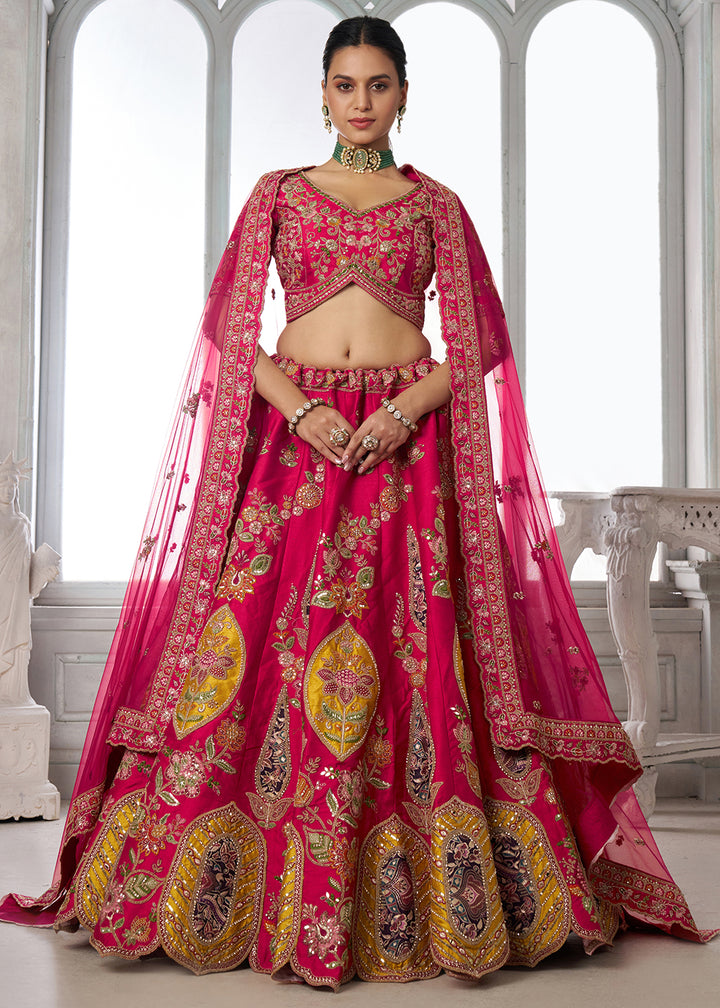 Buy Now Handcrafted Rani Multicolor Silk Embroidered Bridal Lehenga Choli Online in US, UK, Canada, France, Italy, Greece, Sweden, Denmark &amp; Worldwide at Empress