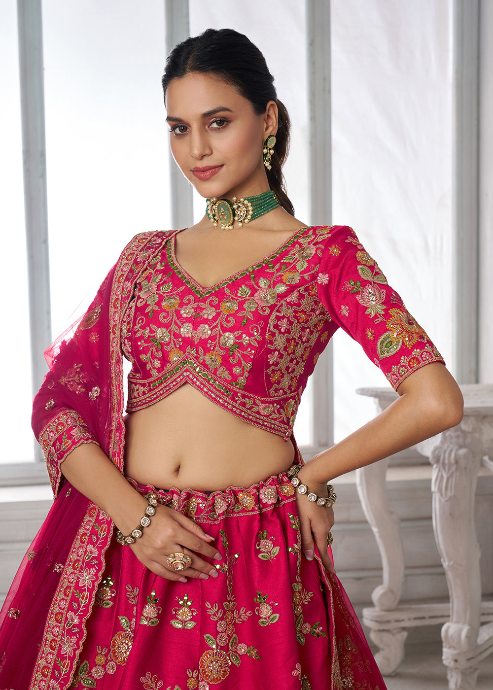 Buy Now Handcrafted Rani Multicolor Silk Embroidered Bridal Lehenga Choli Online in US, UK, Canada, France, Italy, Greece, Sweden, Denmark & Worldwide at Empress