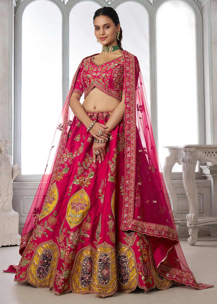 Buy Now Handcrafted Rani Multicolor Silk Embroidered Bridal Lehenga Choli Online in US, UK, Canada, France, Italy, Greece, Sweden, Denmark &amp; Worldwide at Empress