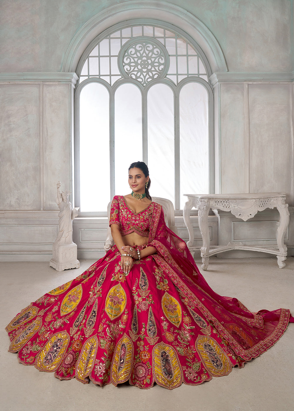 Buy Now Handcrafted Rani Multicolor Silk Embroidered Bridal Lehenga Choli Online in US, UK, Canada, France, Italy, Greece, Sweden, Denmark &amp; Worldwide at Empress