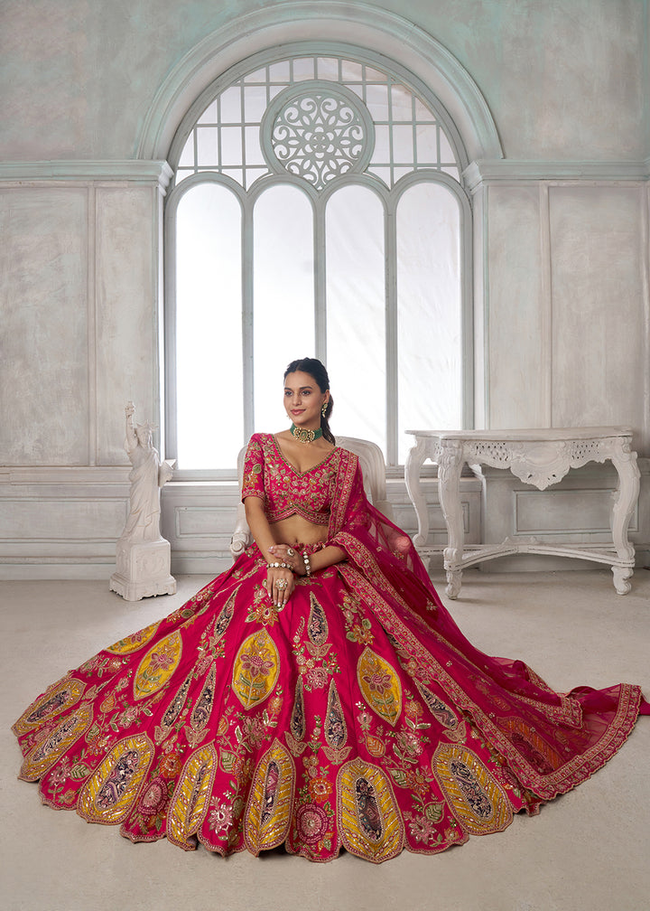 Buy Now Handcrafted Rani Multicolor Silk Embroidered Bridal Lehenga Choli Online in US, UK, Canada, France, Italy, Greece, Sweden, Denmark &amp; Worldwide at Empress
