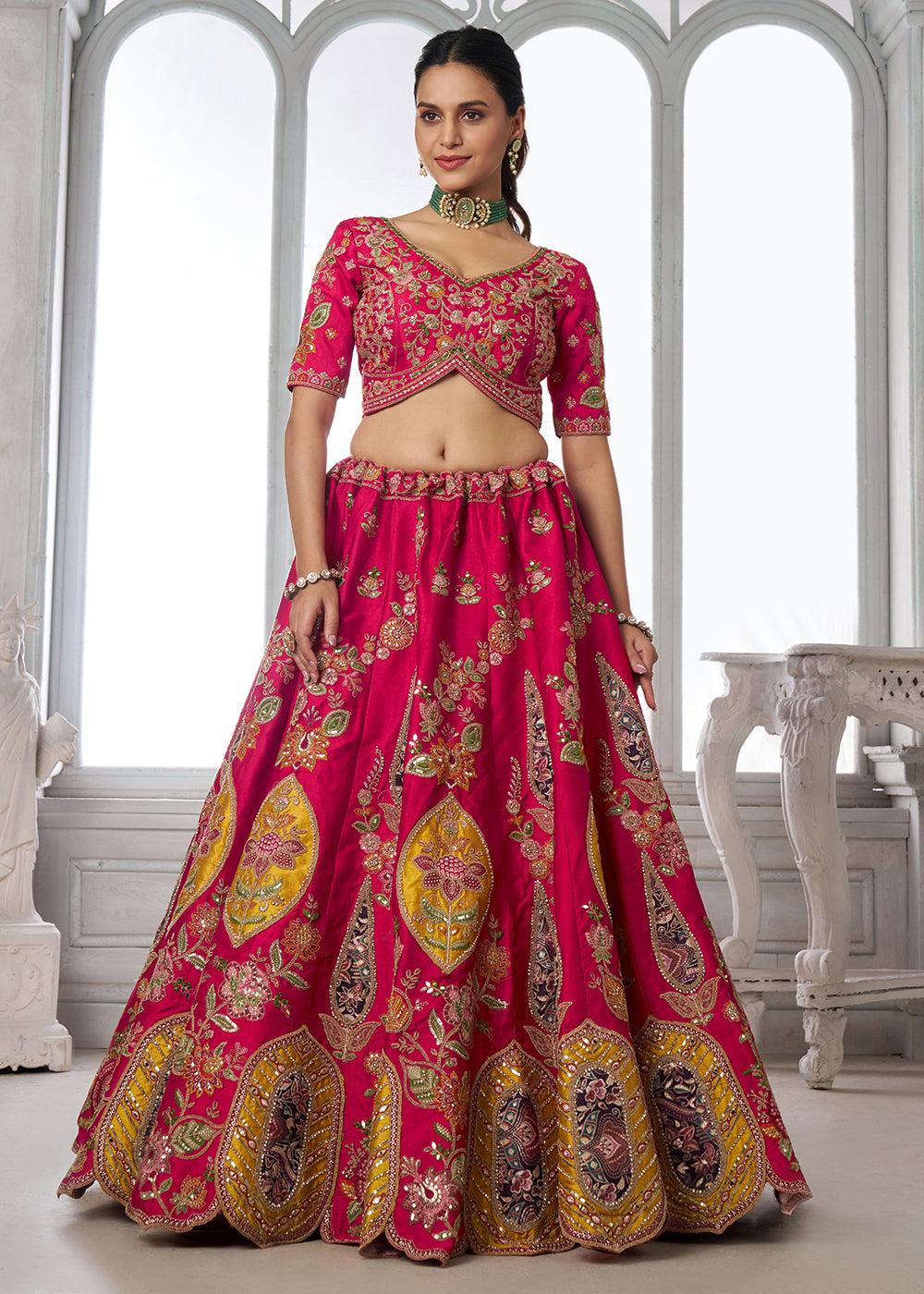 Buy Now Handcrafted Rani Multicolor Silk Embroidered Bridal Lehenga Choli Online in US, UK, Canada, France, Italy, Greece, Sweden, Denmark &amp; Worldwide at Empress