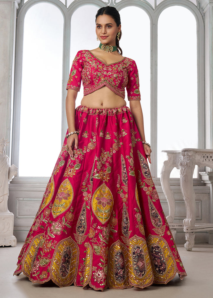Buy Now Handcrafted Rani Multicolor Silk Embroidered Bridal Lehenga Choli Online in US, UK, Canada, France, Italy, Greece, Sweden, Denmark &amp; Worldwide at Empress