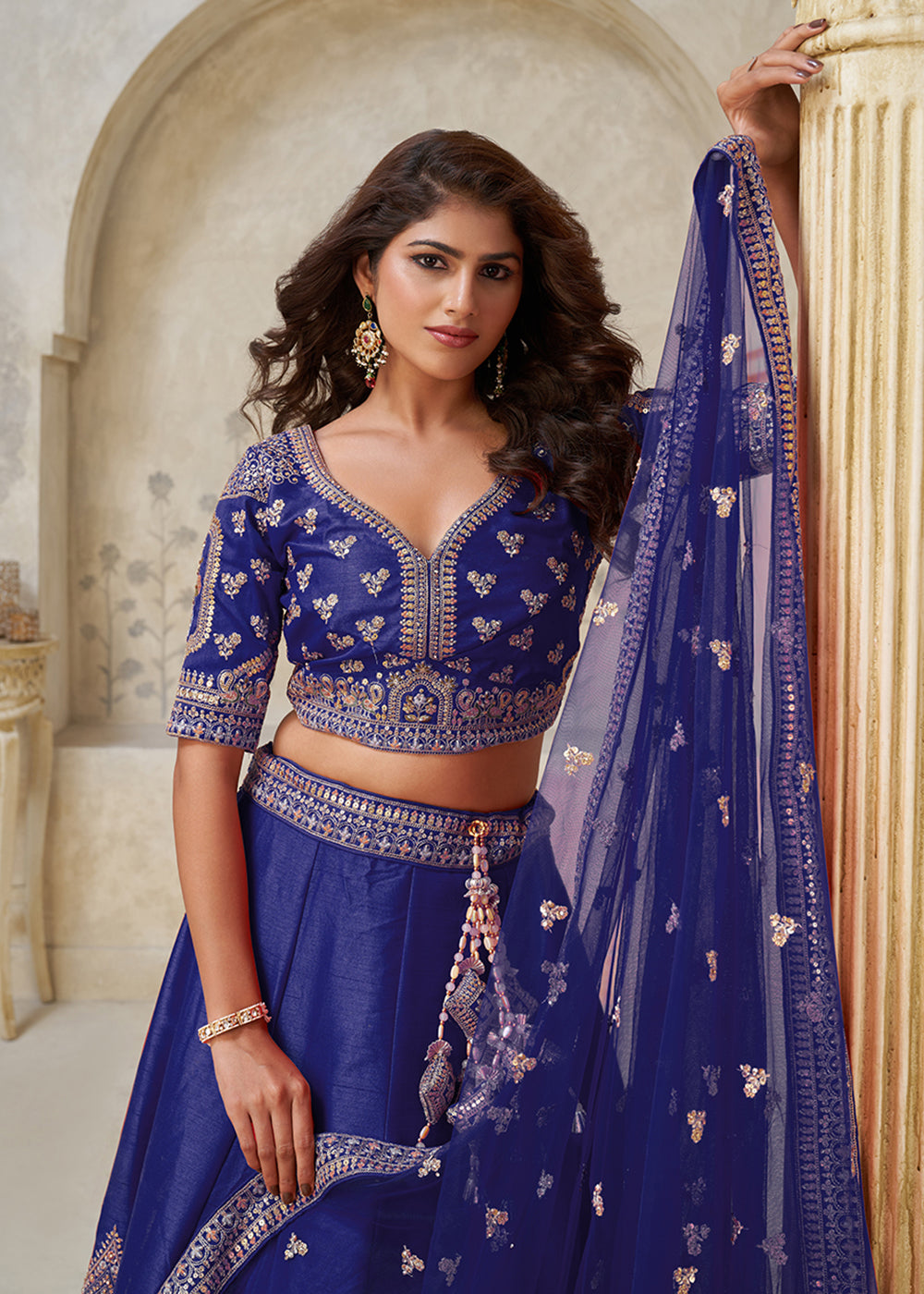 Buy Now Purple Leaf Motifs Embroidered Wedding Lehenga Choli Online in US, UK, Canada, France, Italy, Germany, Sweden, Denmark, Greece & Worldwide at Empress.