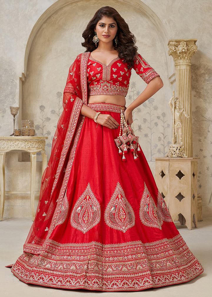 Buy Now Red Leaf Motifs Embroidered Wedding Lehenga Choli Online in US, UK, Canada, France, Italy, Germany, Sweden, Denmark, Greece & Worldwide at Empress.