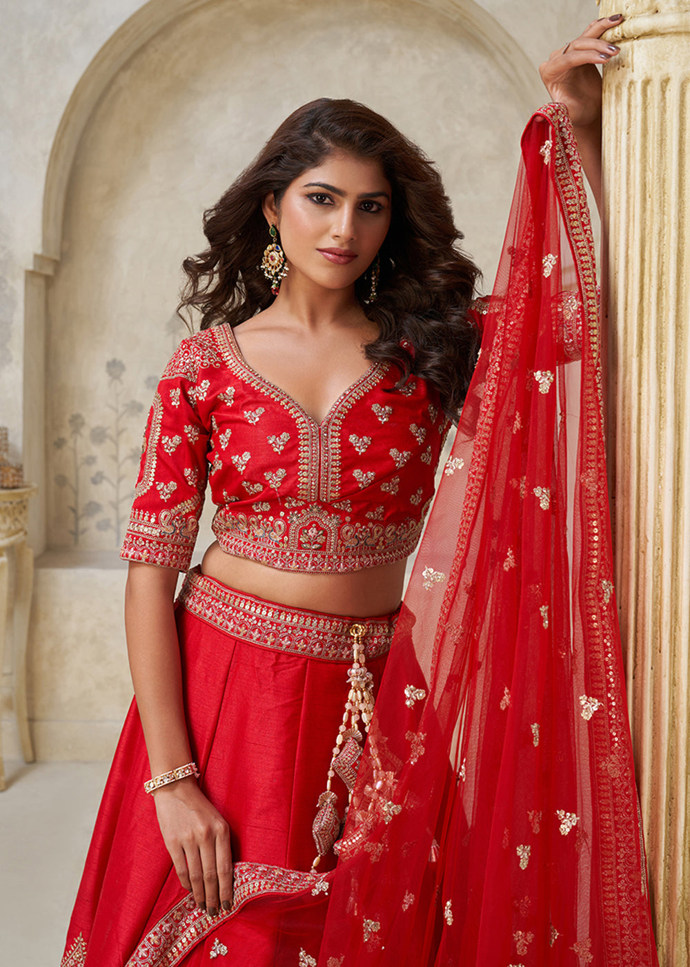 Buy Now Red Leaf Motifs Embroidered Wedding Lehenga Choli Online in US, UK, Canada, France, Italy, Germany, Sweden, Denmark, Greece & Worldwide at Empress.