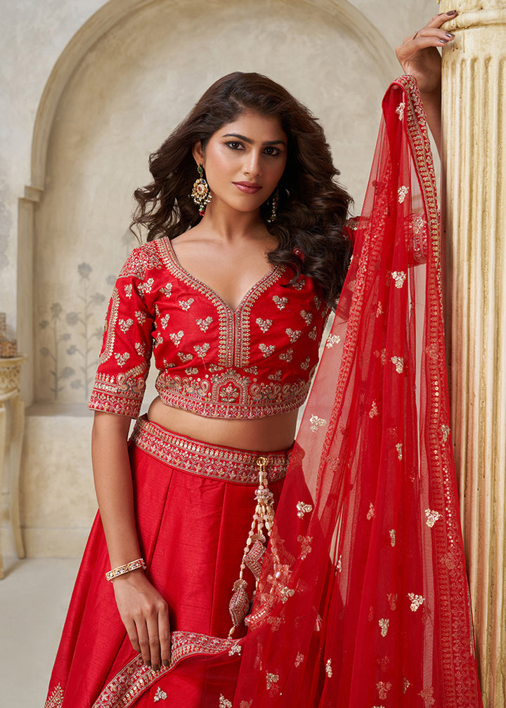 Buy Now Red Leaf Motifs Embroidered Wedding Lehenga Choli Online in US, UK, Canada, France, Italy, Germany, Sweden, Denmark, Greece & Worldwide at Empress.