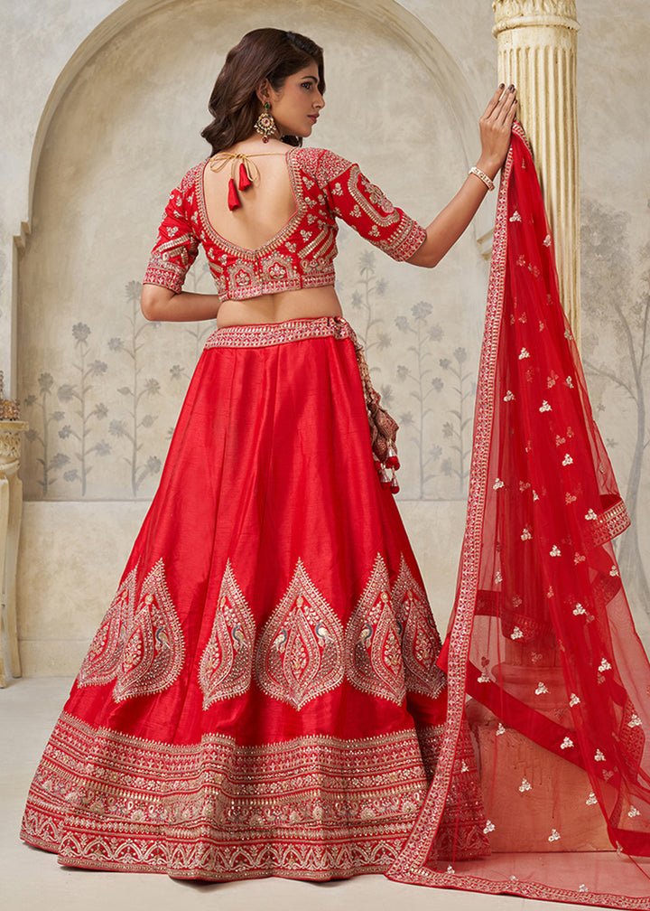 Buy Now Red Leaf Motifs Embroidered Wedding Lehenga Choli Online in US, UK, Canada, France, Italy, Germany, Sweden, Denmark, Greece & Worldwide at Empress.