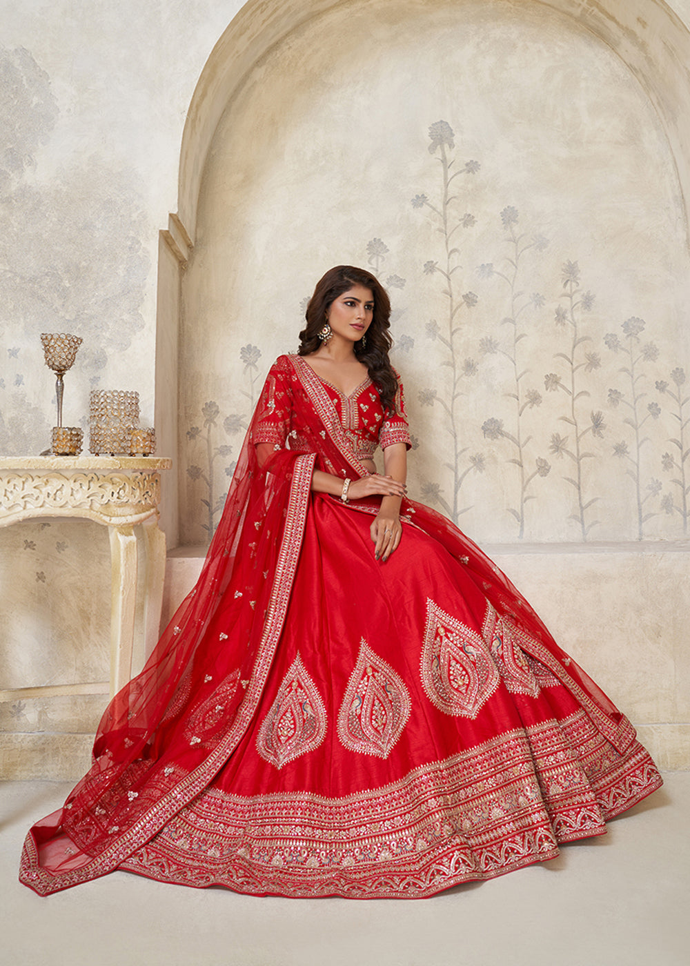 Buy Now Red Leaf Motifs Embroidered Wedding Lehenga Choli Online in US, UK, Canada, France, Italy, Germany, Sweden, Denmark, Greece & Worldwide at Empress.