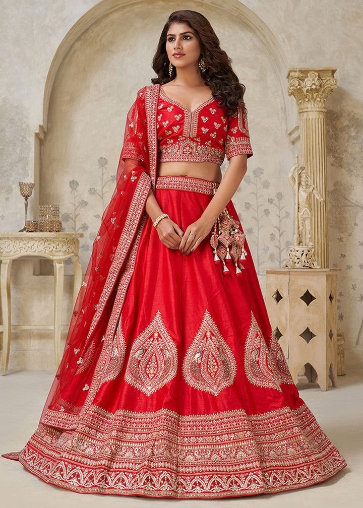 Buy Now Red Leaf Motifs Embroidered Wedding Lehenga Choli Online in US, UK, Canada, France, Italy, Germany, Sweden, Denmark, Greece & Worldwide at Empress.