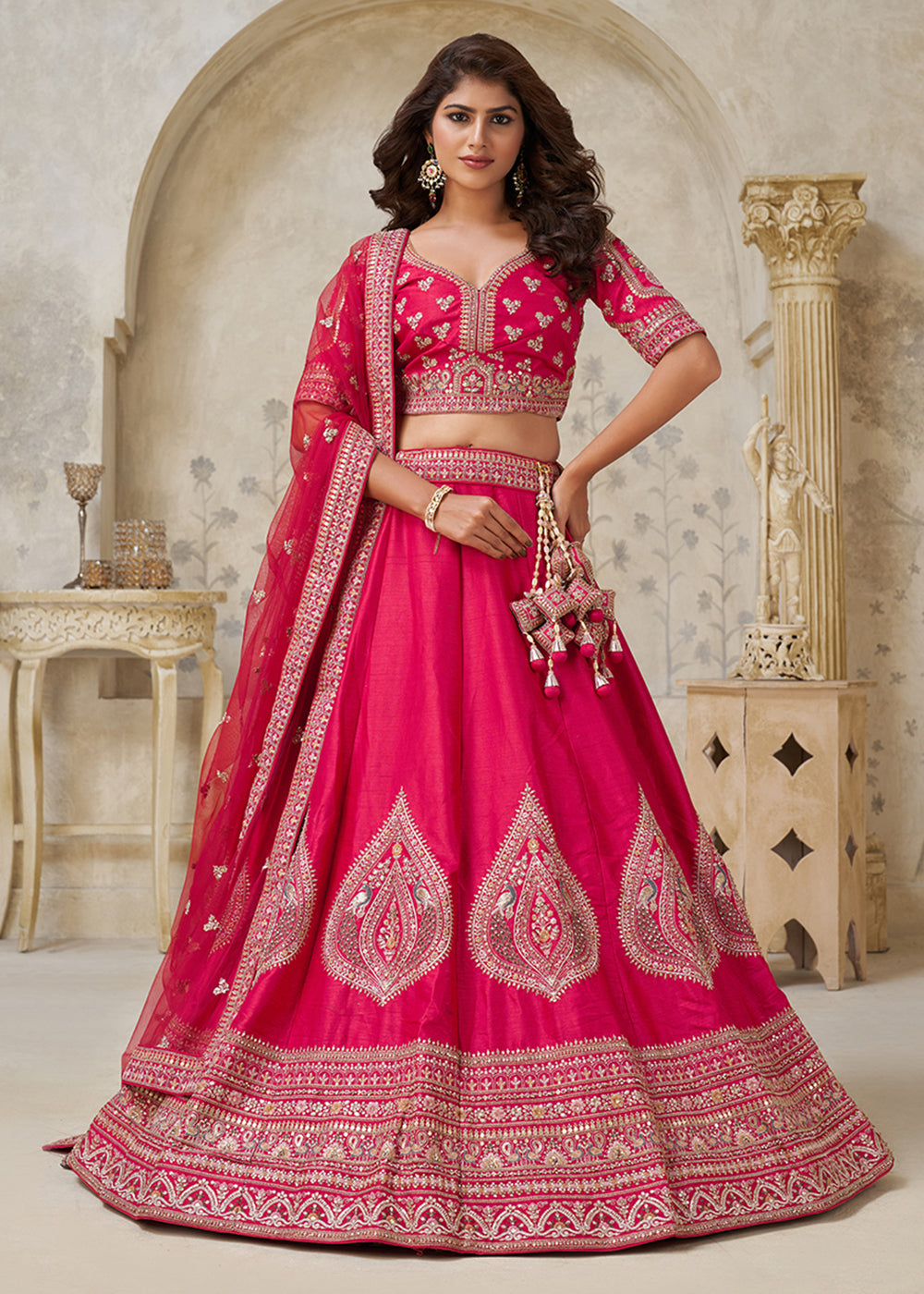 Buy Now Pink Leaf Motifs Embroidered Wedding Lehenga Choli Online in US, UK, Canada, France, Italy, Germany, Sweden, Denmark, Greece & Worldwide at Empress.