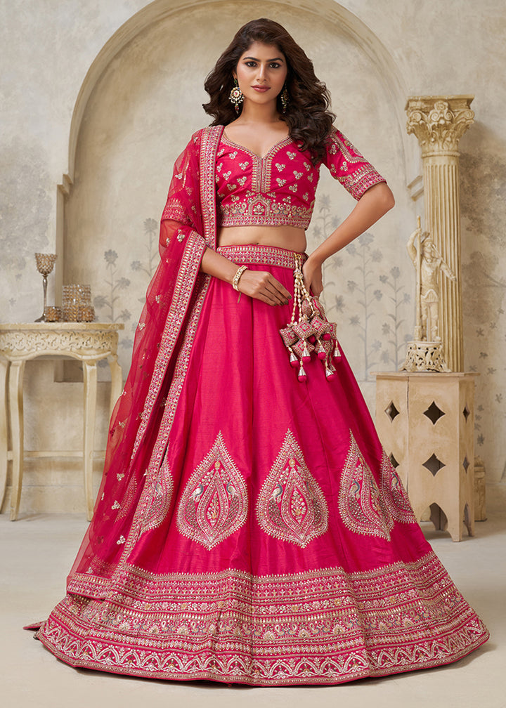 Buy Now Pink Leaf Motifs Embroidered Wedding Lehenga Choli Online in US, UK, Canada, France, Italy, Germany, Sweden, Denmark, Greece & Worldwide at Empress.