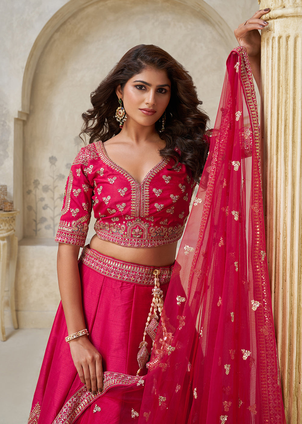 Buy Now Pink Leaf Motifs Embroidered Wedding Lehenga Choli Online in US, UK, Canada, France, Italy, Germany, Sweden, Denmark, Greece & Worldwide at Empress.