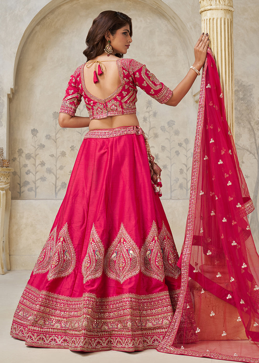 Buy Now Pink Leaf Motifs Embroidered Wedding Lehenga Choli Online in US, UK, Canada, France, Italy, Germany, Sweden, Denmark, Greece & Worldwide at Empress.