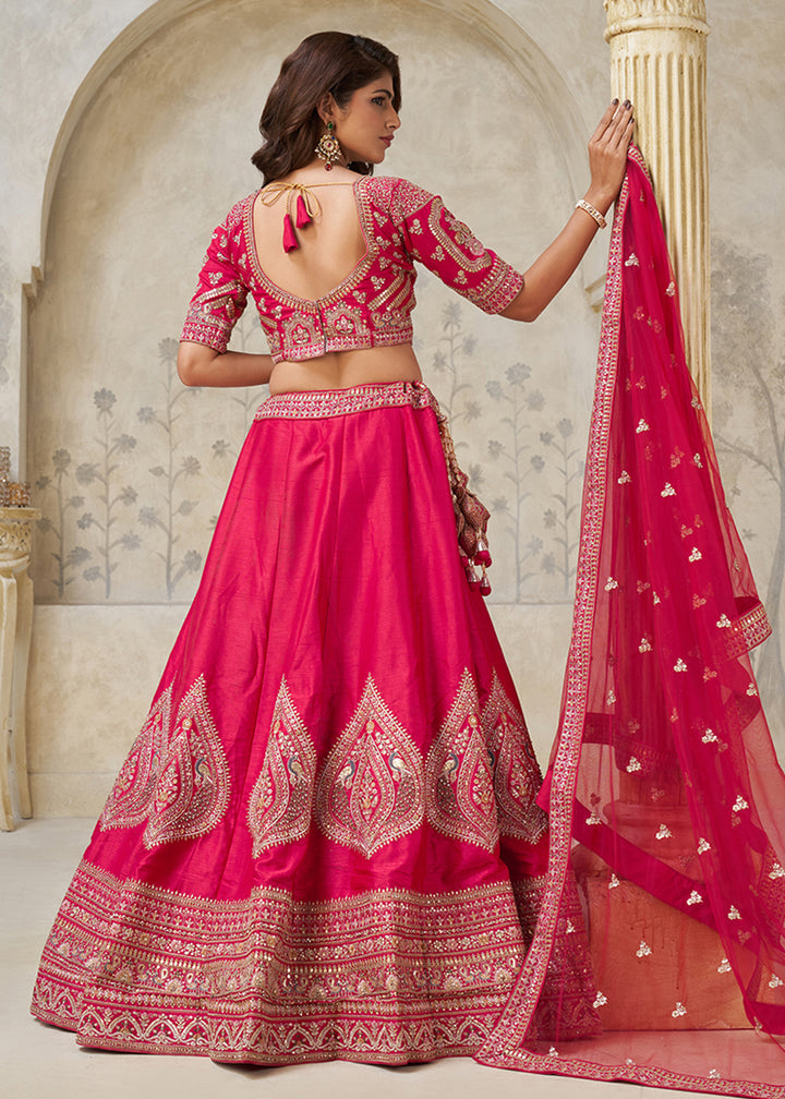 Buy Now Pink Leaf Motifs Embroidered Wedding Lehenga Choli Online in US, UK, Canada, France, Italy, Germany, Sweden, Denmark, Greece & Worldwide at Empress.