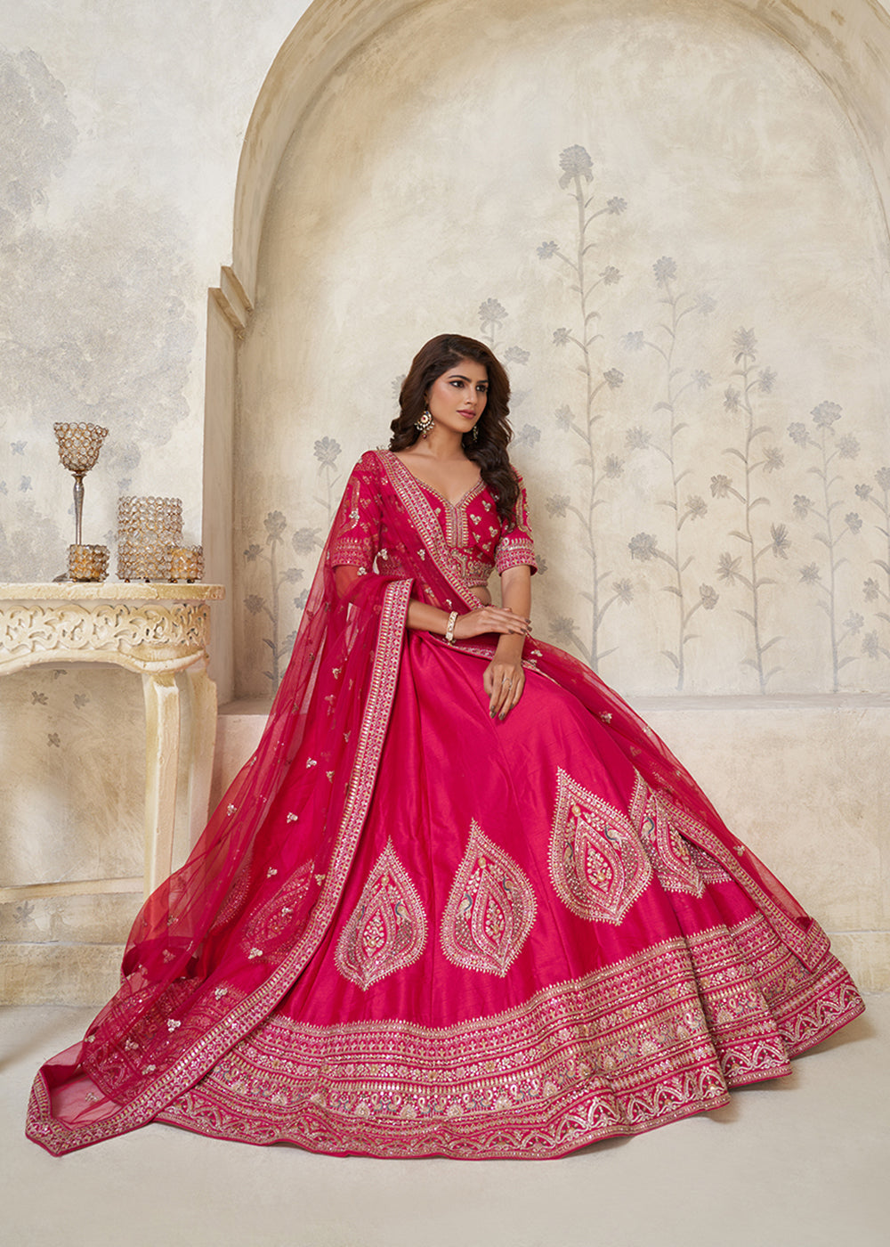 Buy Now Pink Leaf Motifs Embroidered Wedding Lehenga Choli Online in US, UK, Canada, France, Italy, Germany, Sweden, Denmark, Greece & Worldwide at Empress.