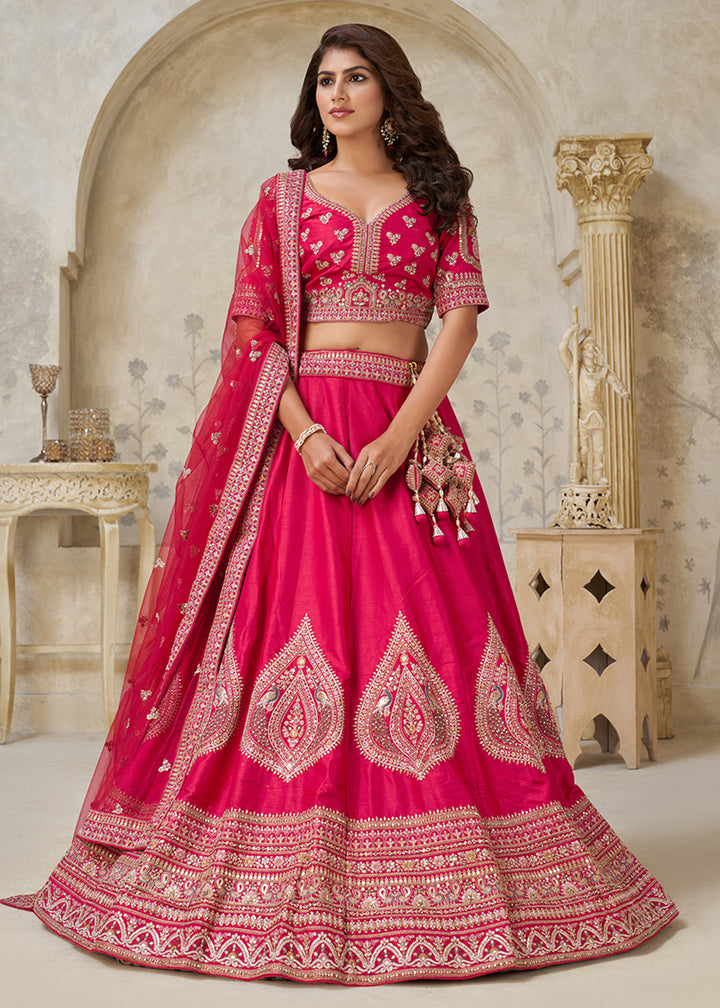 Buy Now Pink Leaf Motifs Embroidered Wedding Lehenga Choli Online in US, UK, Canada, France, Italy, Germany, Sweden, Denmark, Greece & Worldwide at Empress.
