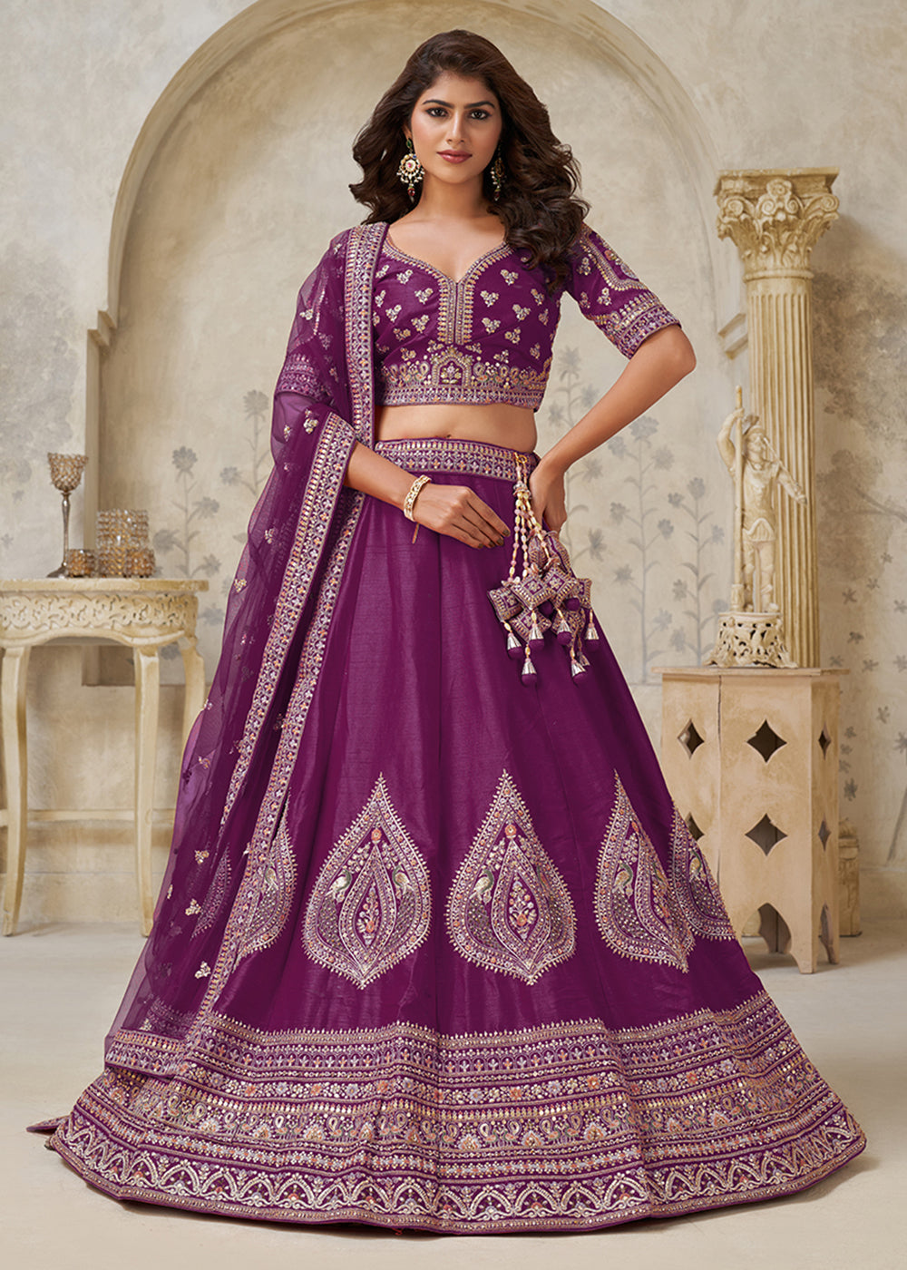 Buy Now Wine Leaf Motifs Embroidered Wedding Lehenga Choli Online in US, UK, Canada, France, Italy, Germany, Sweden, Denmark, Greece & Worldwide at Empress.