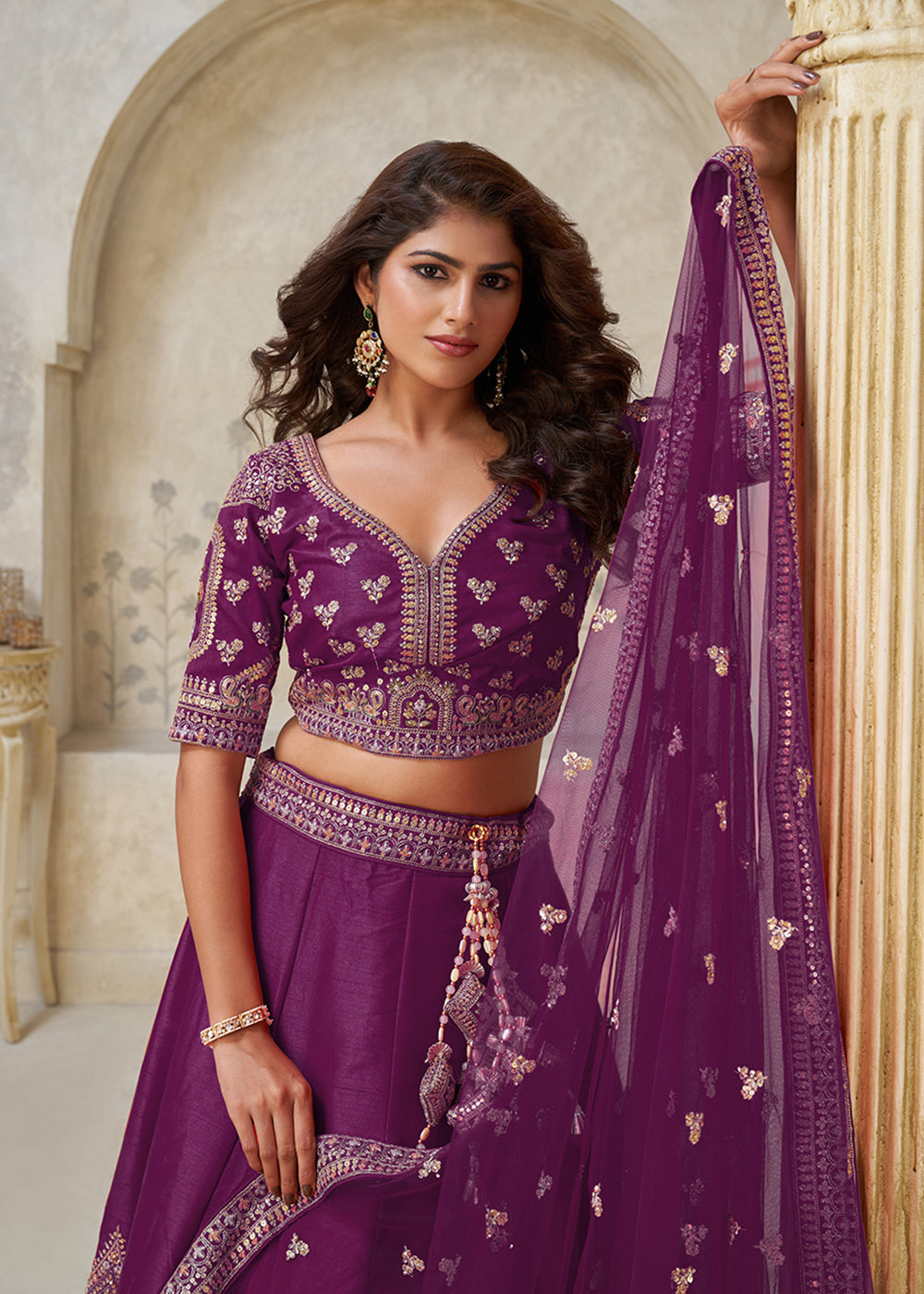 Buy Now Wine Leaf Motifs Embroidered Wedding Lehenga Choli Online in US, UK, Canada, France, Italy, Germany, Sweden, Denmark, Greece & Worldwide at Empress.