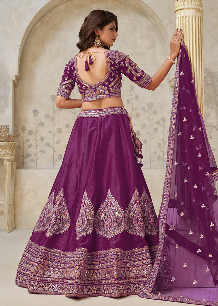 Buy Now Wine Leaf Motifs Embroidered Wedding Lehenga Choli Online in US, UK, Canada, France, Italy, Germany, Sweden, Denmark, Greece & Worldwide at Empress.