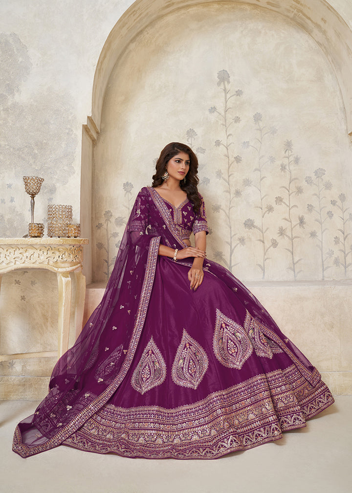 Buy Now Wine Leaf Motifs Embroidered Wedding Lehenga Choli Online in US, UK, Canada, France, Italy, Germany, Sweden, Denmark, Greece & Worldwide at Empress.