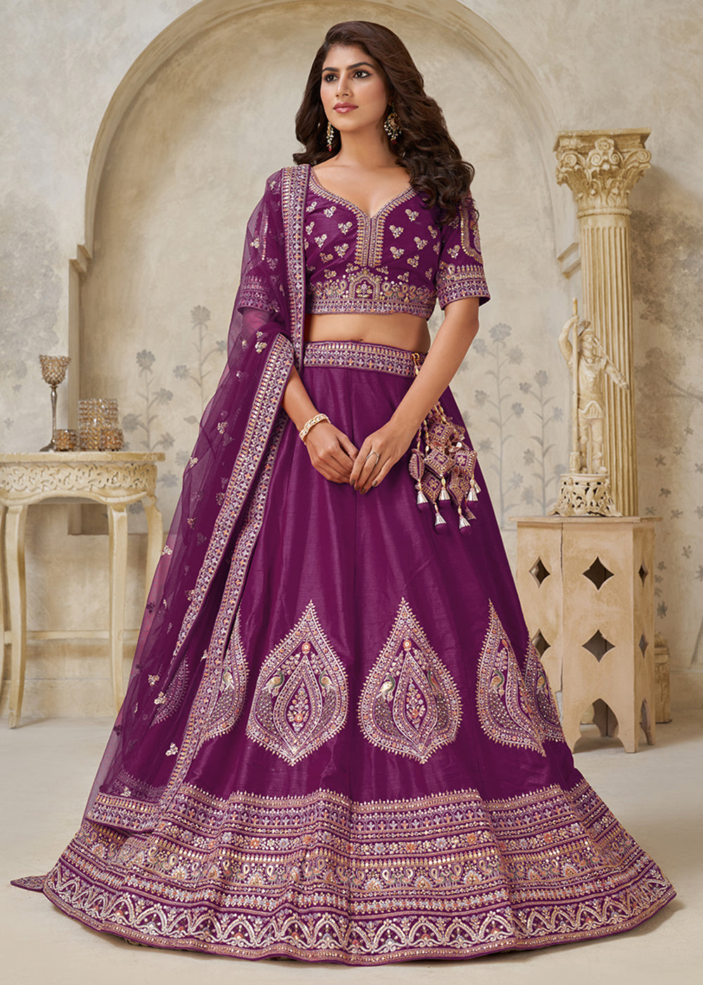Buy Now Wine Leaf Motifs Embroidered Wedding Lehenga Choli Online in US, UK, Canada, France, Italy, Germany, Sweden, Denmark, Greece & Worldwide at Empress.