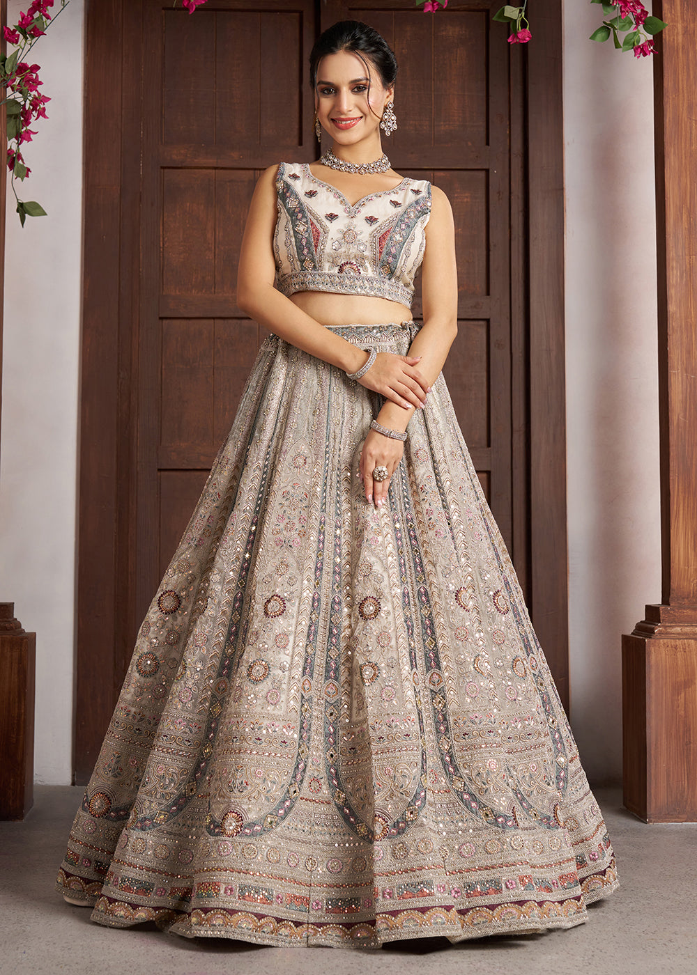 Buy Now Premium White Bridal Lehenga with Intricate Floral Artistry Online in US, UK, Canada, France, Italy, Greece, Sweden, Denmark, UAE&amp; Worldwide at Empress.