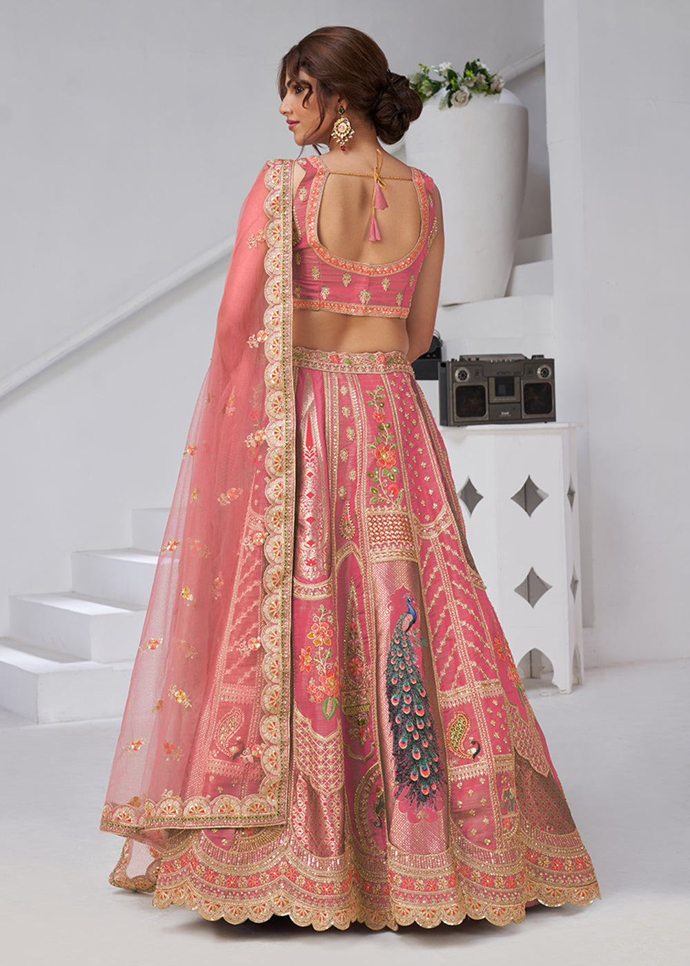 Pink Peacock Feather Motifs Traditional Lehenga Choli