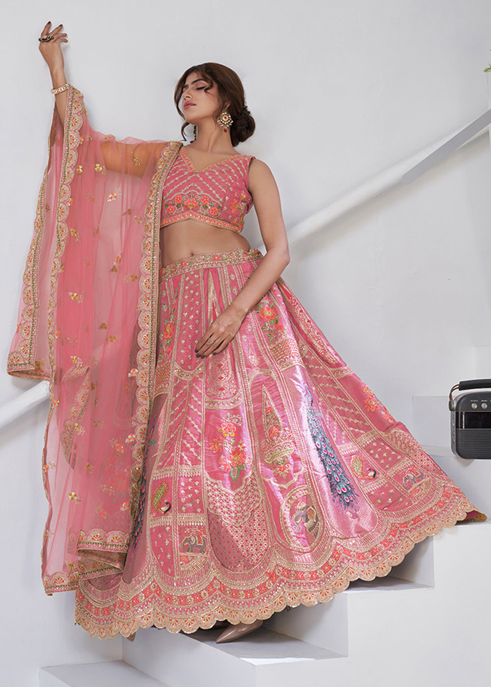Buy Now Pink Peacock Feather Motifs Traditional Lehenga Choli Online in US, UK, Canada, France, Italy, Germany, Sweden, Denmark, Greece & Worldwide at Empress.