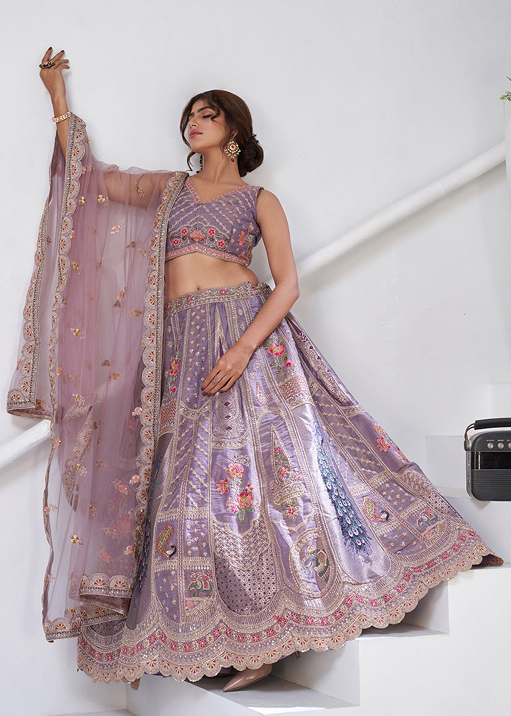 Buy Now Purple Peacock Feather Motifs Traditional Lehenga Choli Online in US, UK, Canada, France, Italy, Germany, Sweden, Denmark, Greece & Worldwide at Empress.