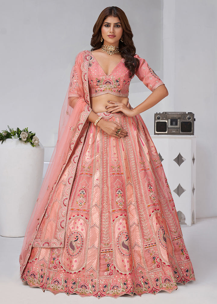 Buy Now Pink Peacock Paisley Motifs Traditional Lehenga Choli Online in US, UK, Canada, France, Italy, Germany, Sweden, Denmark, Greece & Worldwide at Empress.