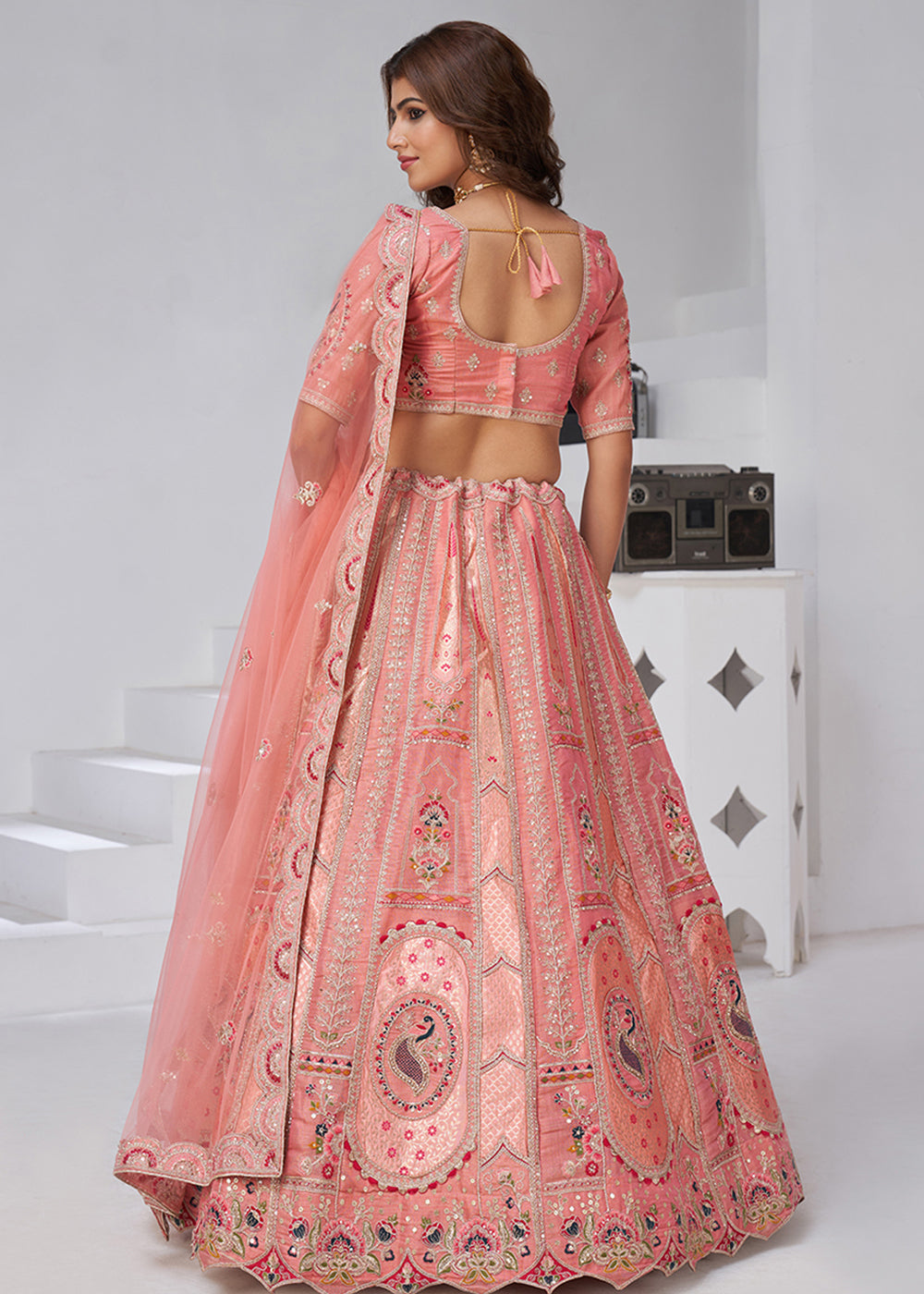 Buy Now Pink Peacock Paisley Motifs Traditional Lehenga Choli Online in US, UK, Canada, France, Italy, Germany, Sweden, Denmark, Greece & Worldwide at Empress.