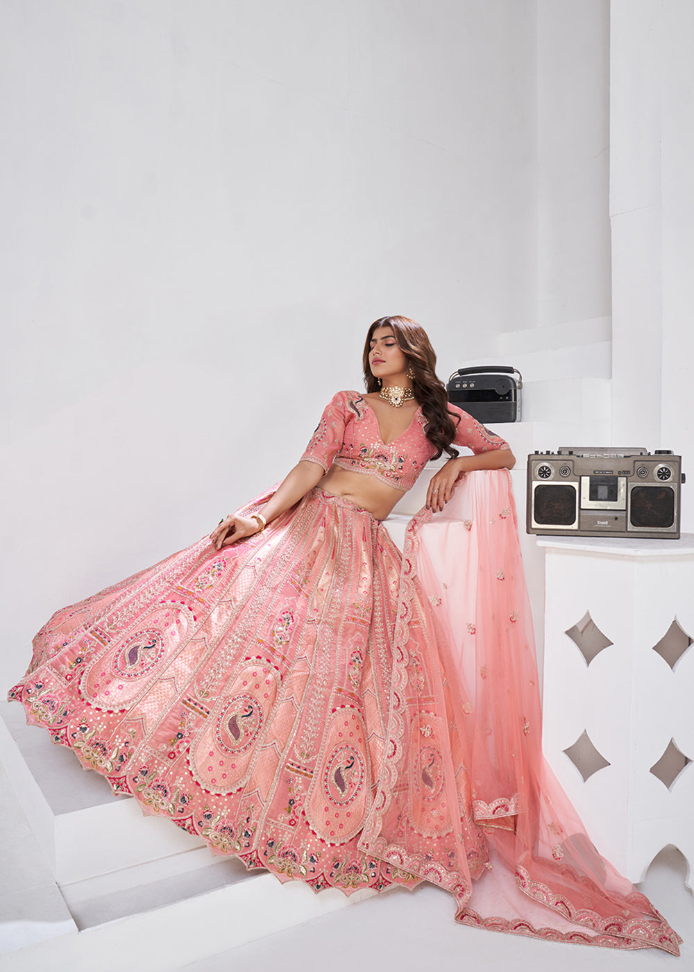 Buy Now Pink Peacock Paisley Motifs Traditional Lehenga Choli Online in US, UK, Canada, France, Italy, Germany, Sweden, Denmark, Greece & Worldwide at Empress.