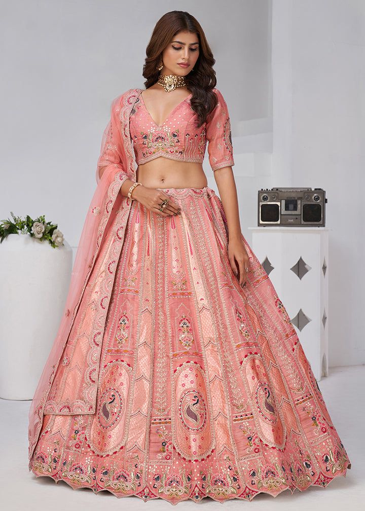 Buy Now Pink Peacock Paisley Motifs Traditional Lehenga Choli Online in US, UK, Canada, France, Italy, Germany, Sweden, Denmark, Greece & Worldwide at Empress.
