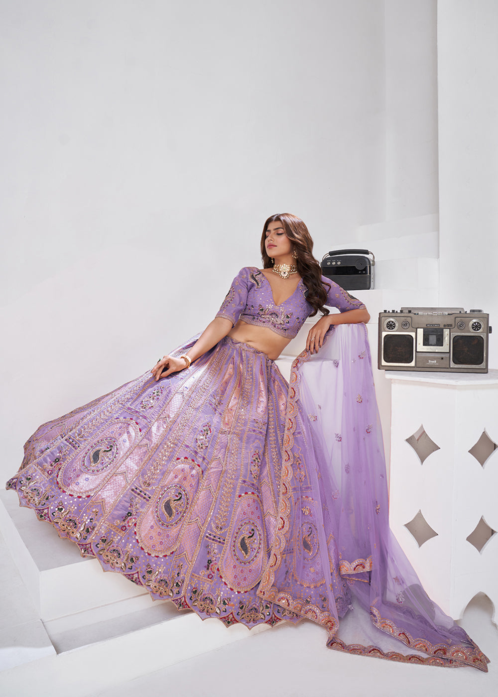 Buy Now Purple Peacock Paisley Motifs Traditional Lehenga Choli Online in US, UK, Canada, France, Italy, Germany, Sweden, Denmark, Greece & Worldwide at Empress.