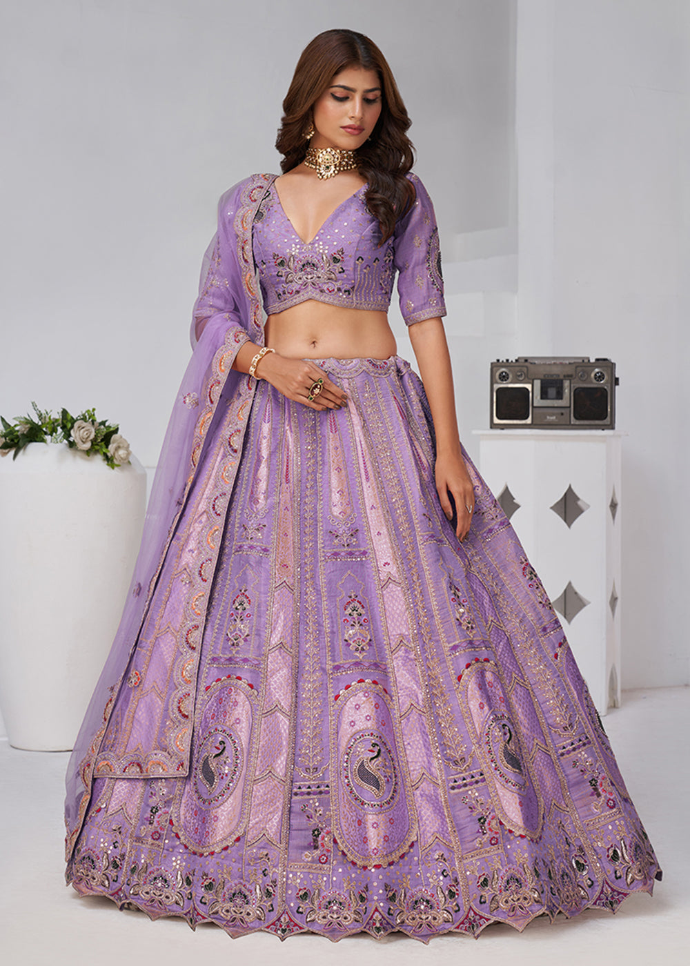 Buy Now Purple Peacock Paisley Motifs Traditional Lehenga Choli Online in US, UK, Canada, France, Italy, Germany, Sweden, Denmark, Greece & Worldwide at Empress.