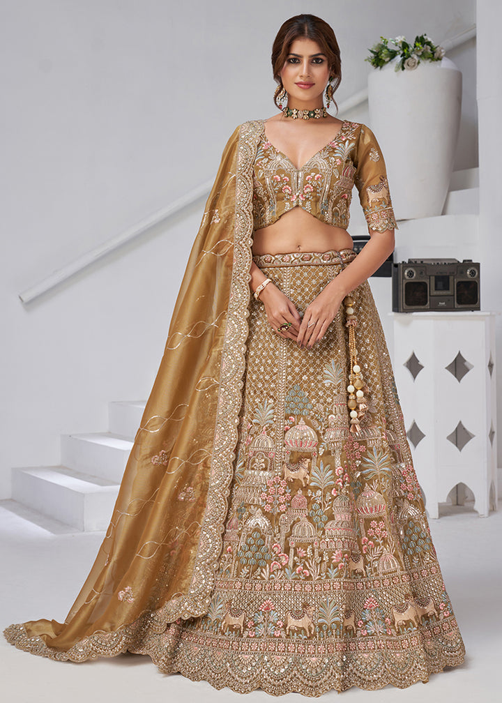 Buy Now Green Temple & Cow Motifs Bridal Lehenga Choli Online in US, UK, Canada, France, Italy, Germany, Sweden, Denmark, Greece, Ireland & Worldwide at Empress