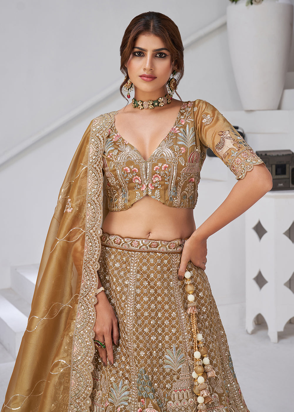 Buy Now Green Temple & Cow Motifs Bridal Lehenga Choli Online in US, UK, Canada, France, Italy, Germany, Sweden, Denmark, Greece, Ireland & Worldwide at Empress