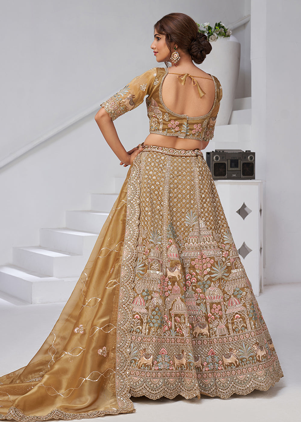 Buy Now Green Temple & Cow Motifs Bridal Lehenga Choli Online in US, UK, Canada, France, Italy, Germany, Sweden, Denmark, Greece, Ireland & Worldwide at Empress