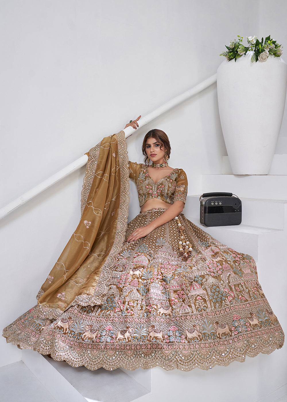 Buy Now Green Temple & Cow Motifs Bridal Lehenga Choli Online in US, UK, Canada, France, Italy, Germany, Sweden, Denmark, Greece, Ireland & Worldwide at Empress