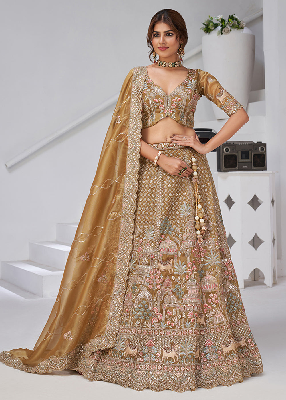 Buy Now Green Temple & Cow Motifs Bridal Lehenga Choli Online in US, UK, Canada, France, Italy, Germany, Sweden, Denmark, Greece, Ireland & Worldwide at Empress