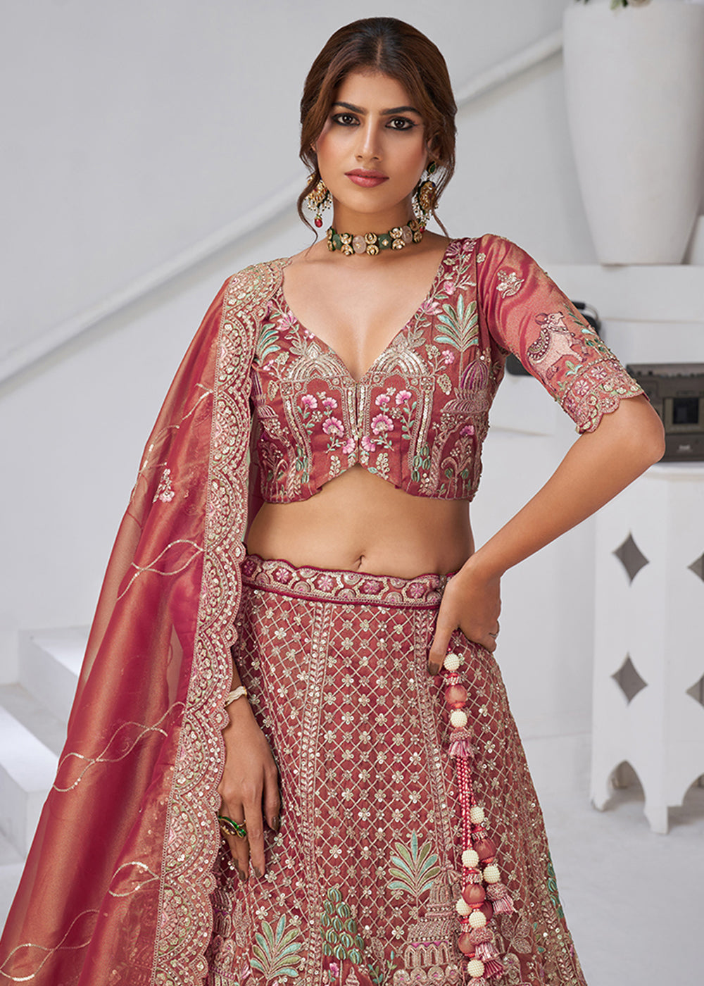Buy Now Pink Temple & Cow Motifs Bridal Lehenga Choli Online in US, UK, Canada, France, Italy, Germany, Sweden, Denmark, Greece, Ireland & Worldwide at Empress.